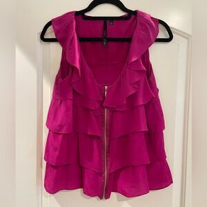 Bellatrix 100% Silk Fuchsia Ruffle Tiered Zip Front Sleeveless Blouse Medium